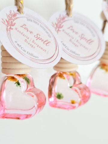 Floral Glass Car Diffuser - Love Spell, Heart shaped - Pink